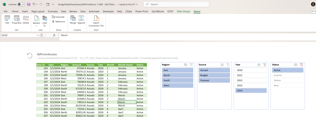 Import Access Data into Excel 365 via Power Query Blog Post: Image of Power Query Table, in Microsoft Excel, with Slicers, showing Access data.