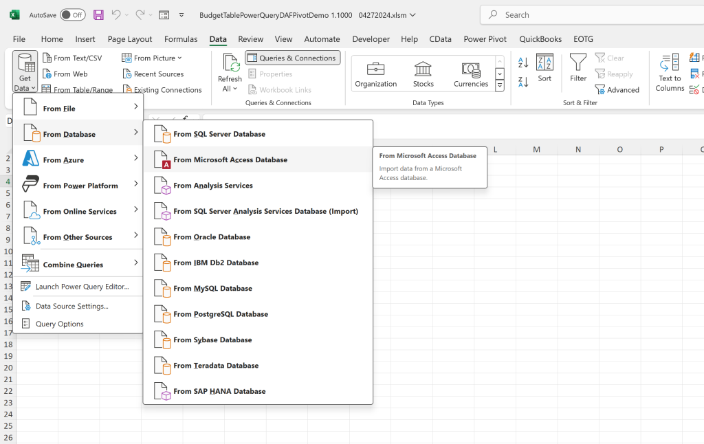 Import Access Data into Excel 365 via Power Query Blog Post: Image of Microsoft Excel, getting Access data, via Power Query.