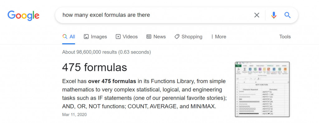 Google Graphic on search for Excel functions.