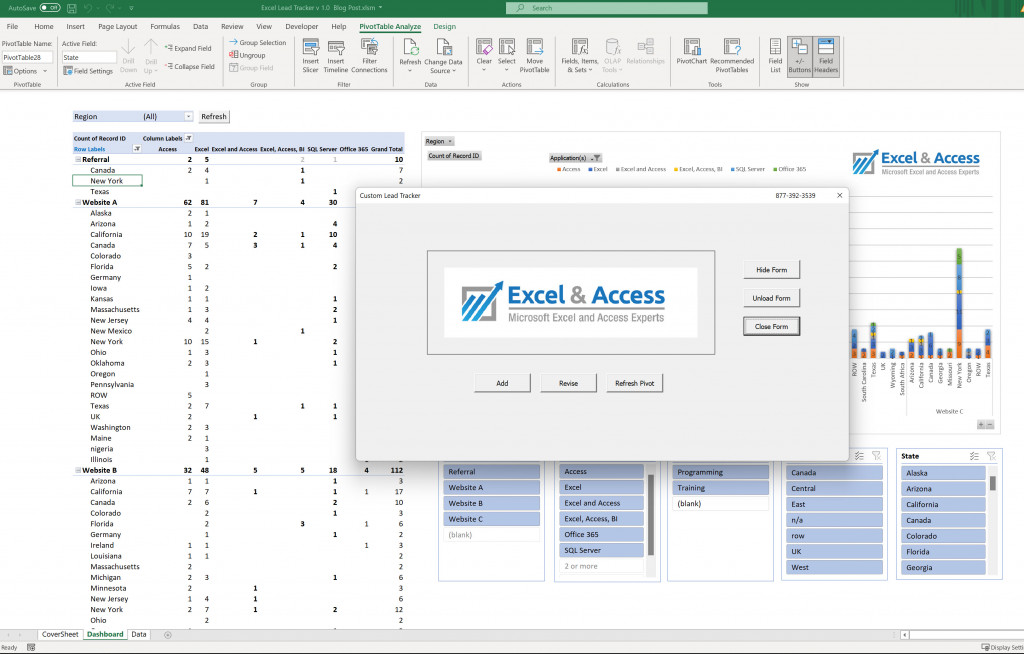 Image of Excel UserForms over Pivot Tables and Pivot Charts