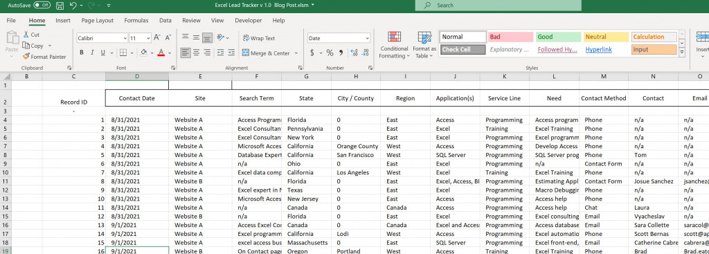 Image of Excel tab with data.