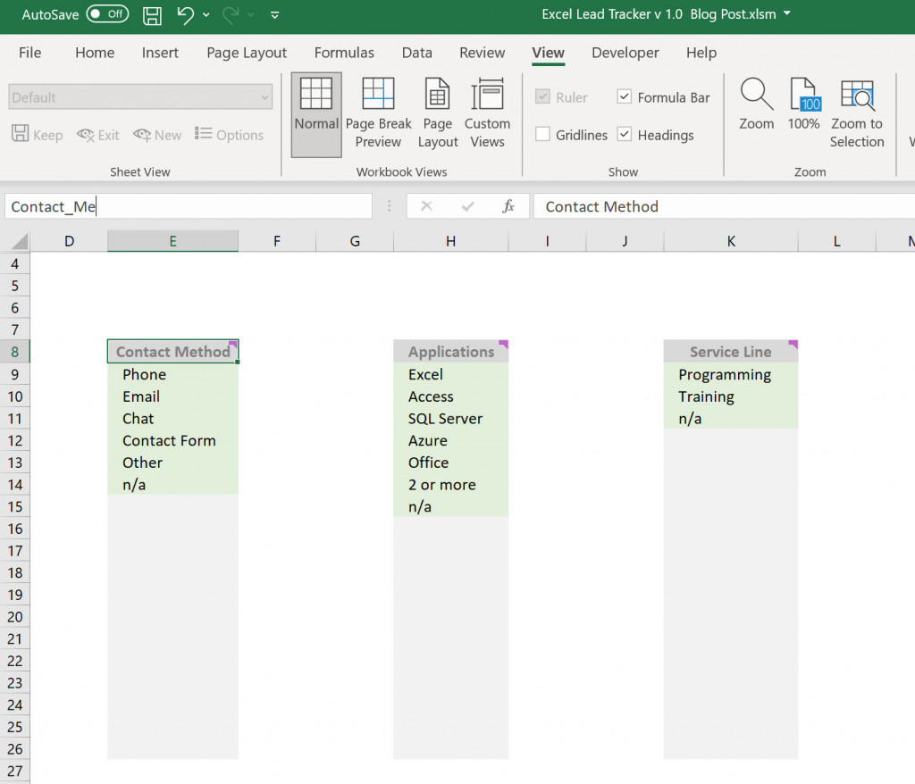 Image of lists tab, with Dynamic Named Ranges on it.