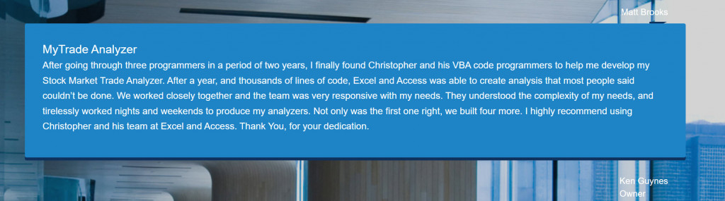 Image of client testimonial for our Stock Trade Performance Tracker Template.