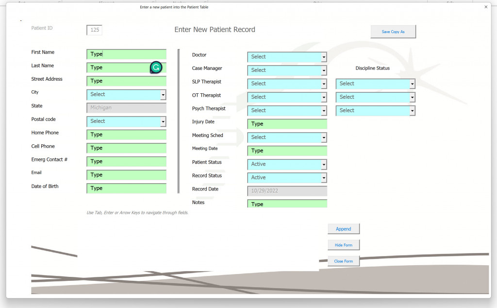 Image of an Excel UserForm for our Healthcare Tracker Template.