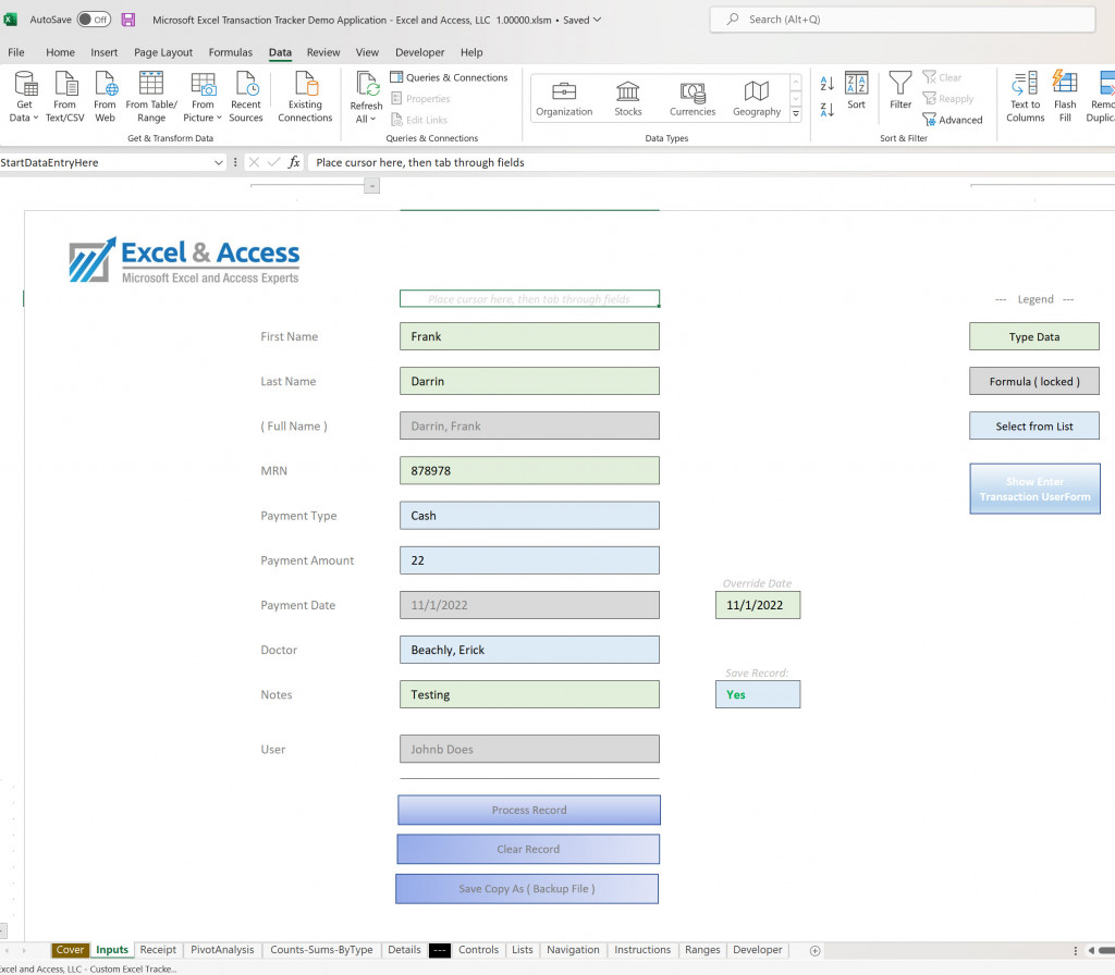 Image of Tab based Form in EXcel.