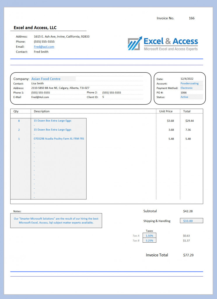 Image of Excel invoicing application, 85% automated.
