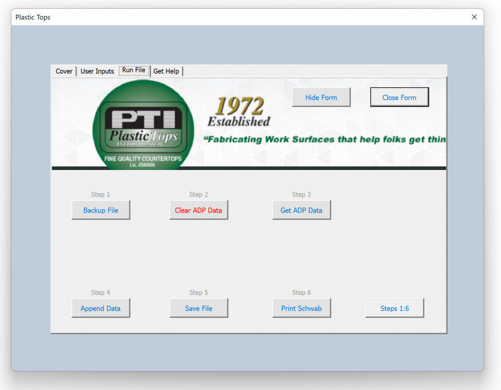 Image of advanced Excel UserForm with a button that runs 100% of the update process, no user needed. 