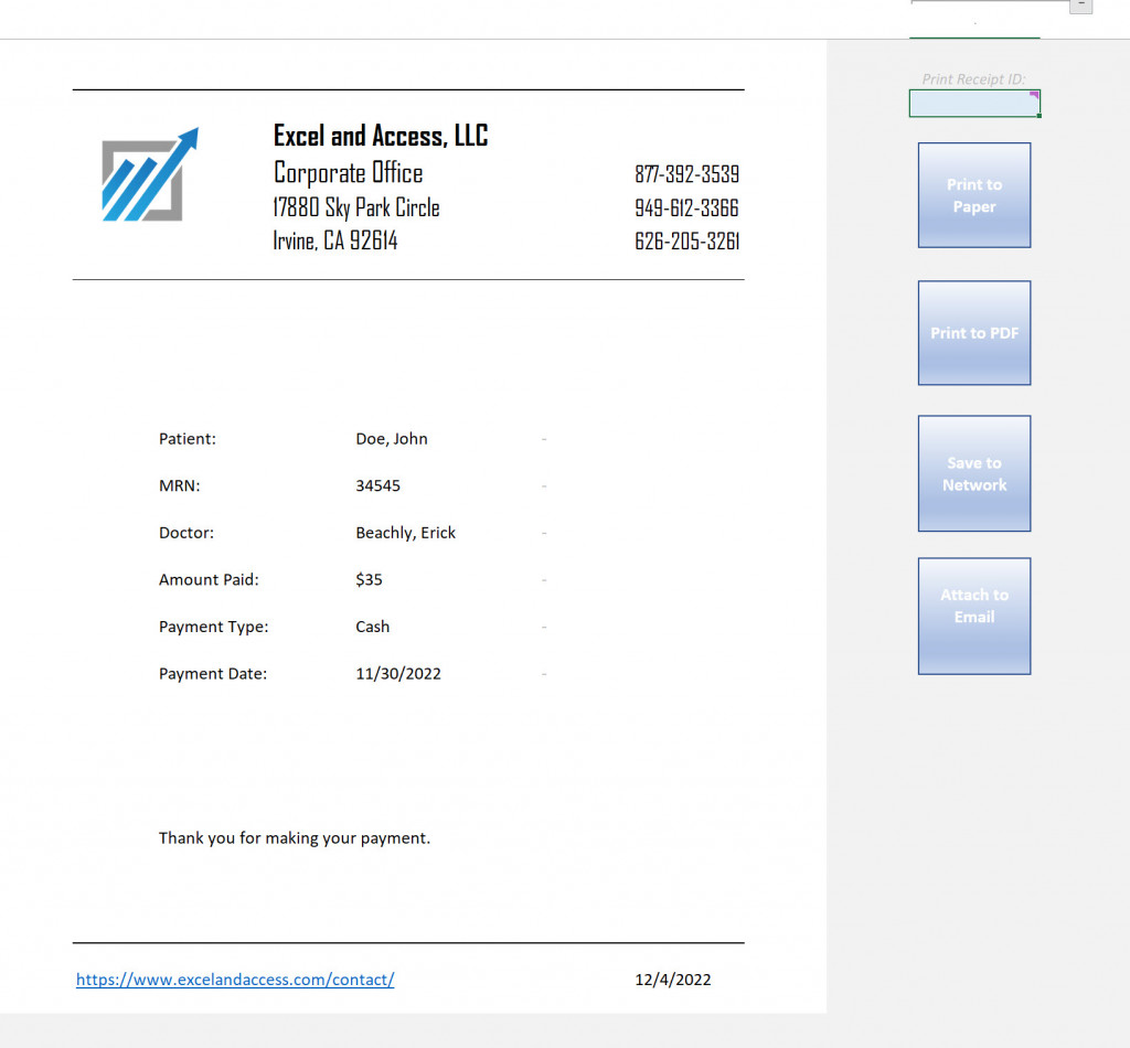 Image of Transaction Receipt for a medical office. Has buttons that run the vba code to distribute the file in various formats.