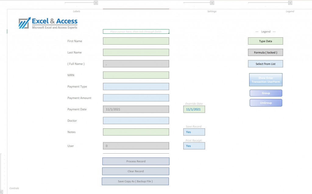 Image of Excel tab-based form, instead of using Excel UserForm, here we have the form on one of the tabs of the file. It is easier to program than a UserForm, and almost as easy to use.