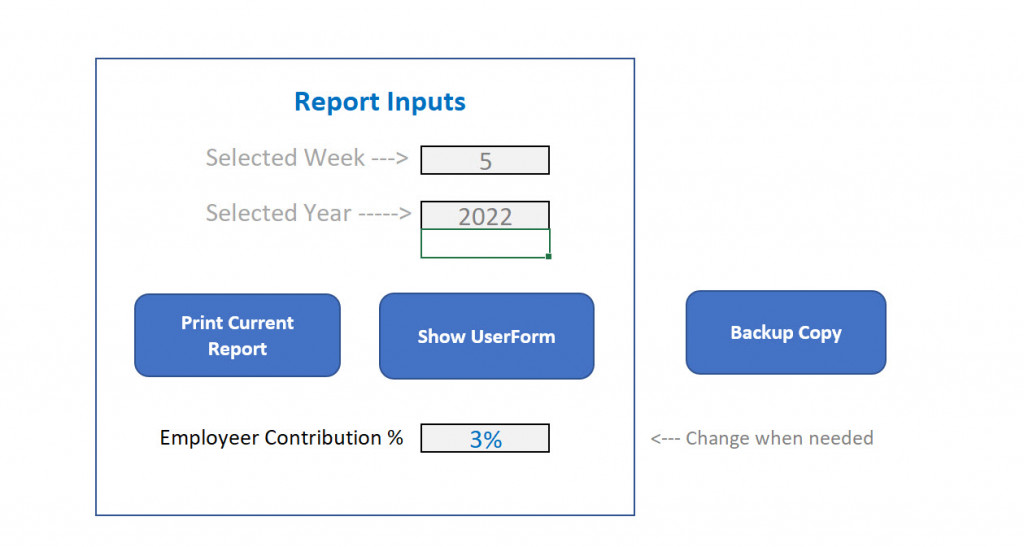 This image shows some Excel Controls on a tab, to gather information from the user to run the file.