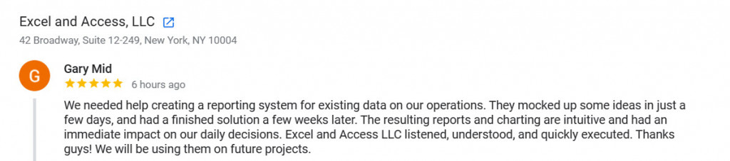 Google 5-Star review on our Excel data visualization consulting services.