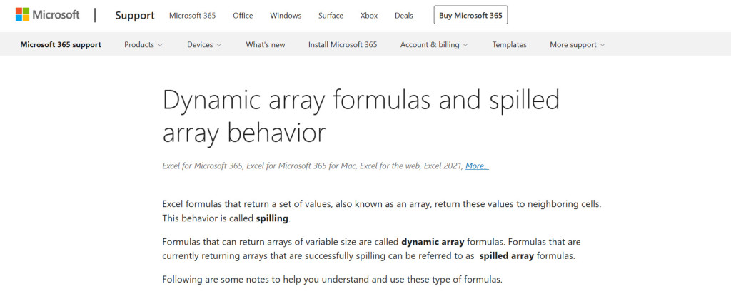 Image of Microsoft Support page on the new Dynamic Array Functions. 