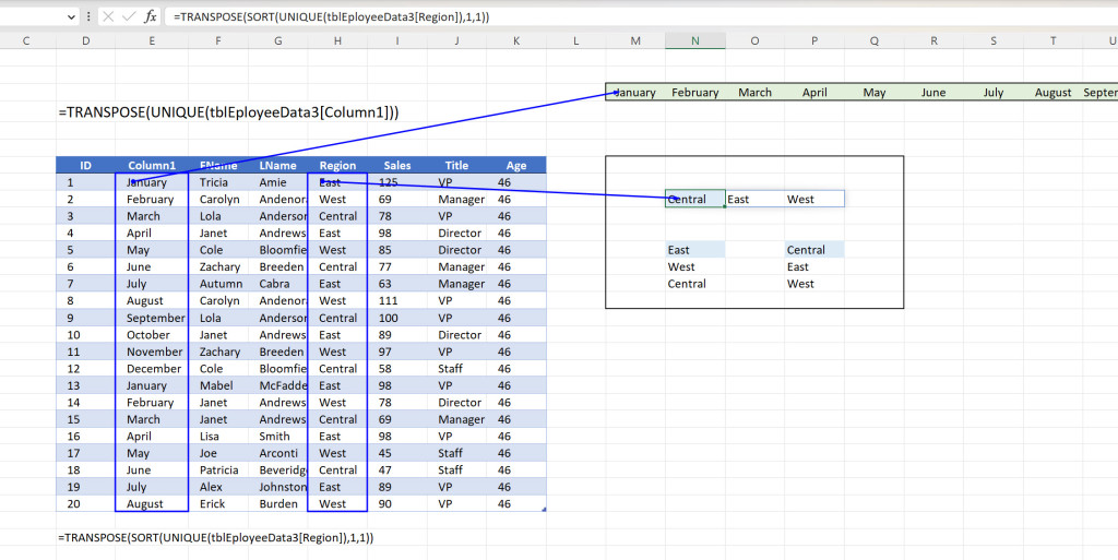 Image of the new Transpose Function. Instead of using vba, or PasteSpecial Transpose, each time you want to pivot your data, use the dynamic Transpose Function. 