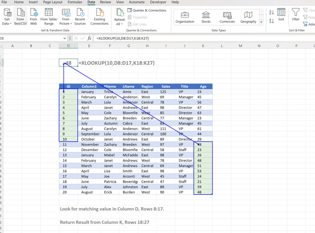 Image of Excel Table, being referenced by XLookup.