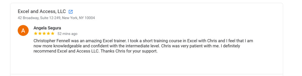 Image of Google Review on our Intermediate Excel training.