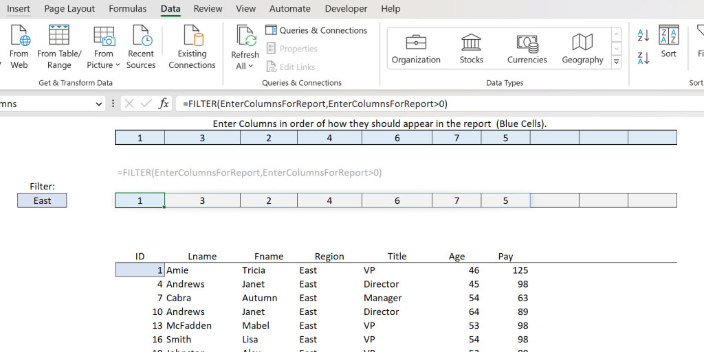 Image of user-friendly application, leveraging the new Dynamic Array Functions to allow the user to do ad-hoc reporting. This is one complex function, in one cell, referencing external filters, no vba needed.