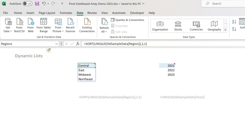 Example of how dynamic lists can be used. Great for selecting or filtering data. Statistical Functions use unique lists.