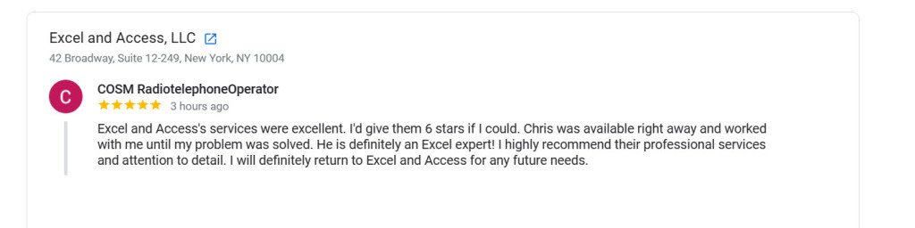 Client testimonial. Did a one-hour remote one-on-one Excel training session with Christopher.