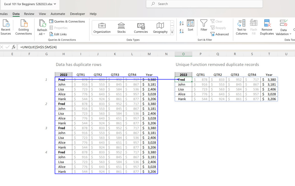 Example of Unique Function and its power. If you want to be strong in Excel, you will need to use this. Such a huge function. I use it daily.