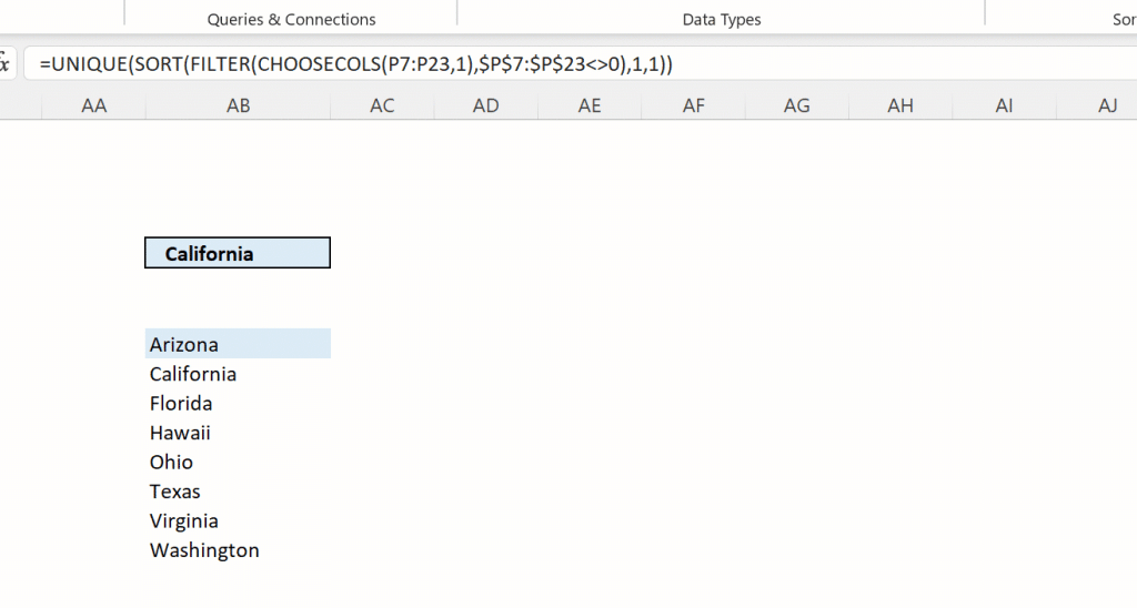 Image showing the combination of four new dynamic array functions into one complex Excel formula. Uses this Dynamic list to populate a Validation Control. These are advanced Excel skills. We teach them in our intermediate Excel training.