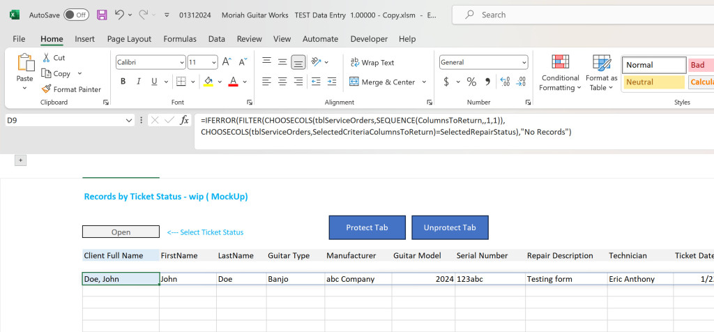 Image of functions in the formula bar in Excel workbook.