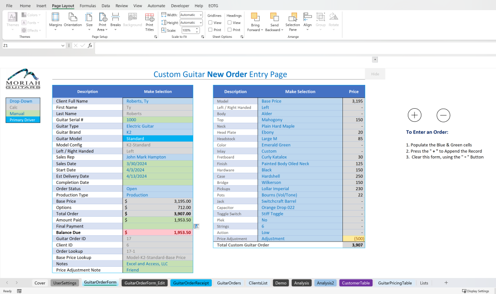 Image of two Excel forms being used for data entry into a custom Excel Tracker.