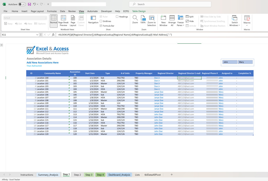 Image of Excel Table being used to enter data.