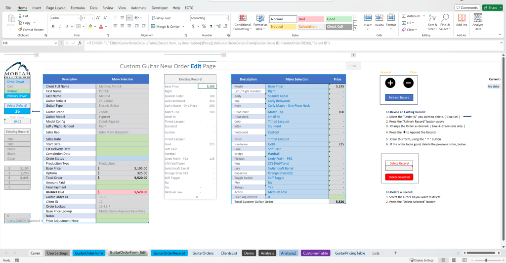 Image of two Excel Tables used as Excel Forms.