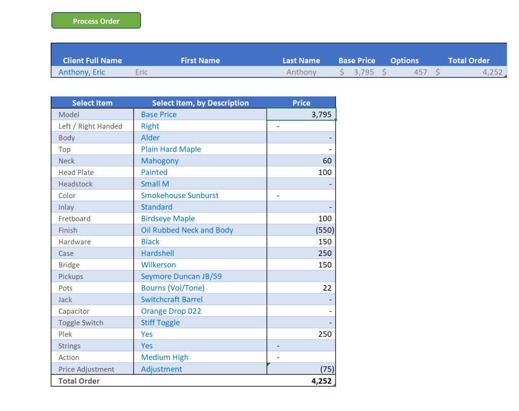 Image of Excel Tables used for data entry