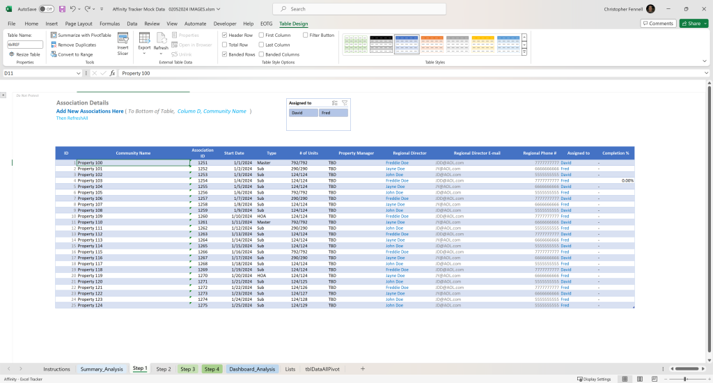 Image of Excell Table with Slicers for manual data entry