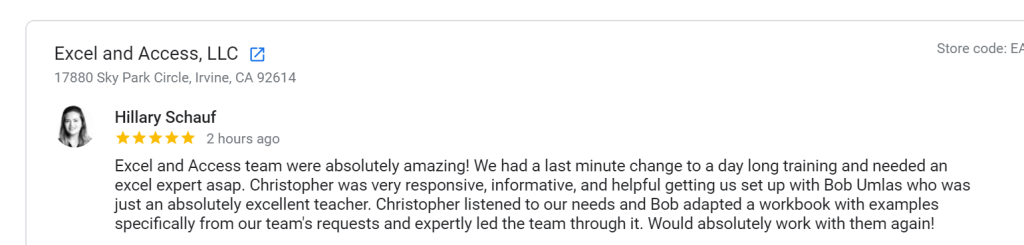 Image of 5-Star Google Review on our training and mentoring services.