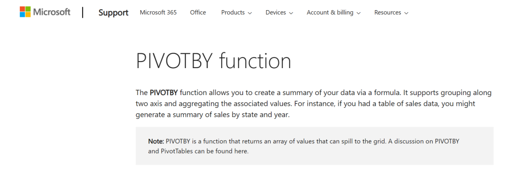 Image of PivotBy Function on Microsoft website.