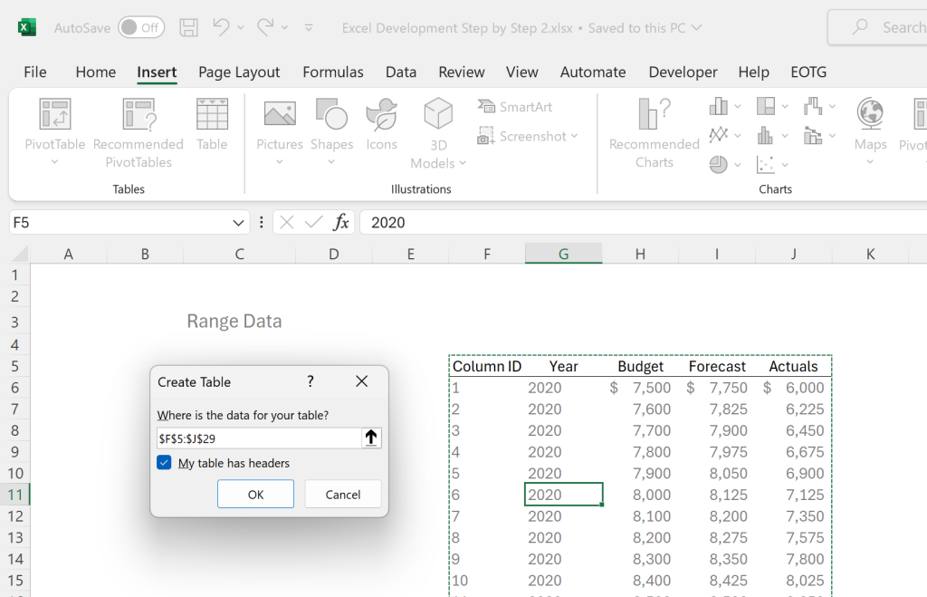 Excel Development Step by Step Post: Image of data range being converted into a Table.
