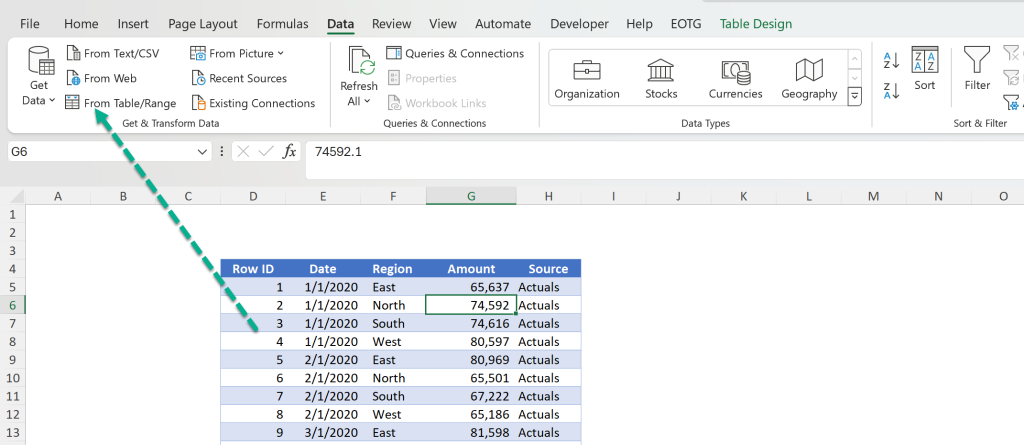 Excel Development Step by Step Post: Image of Excel Table being taken into Power Query.