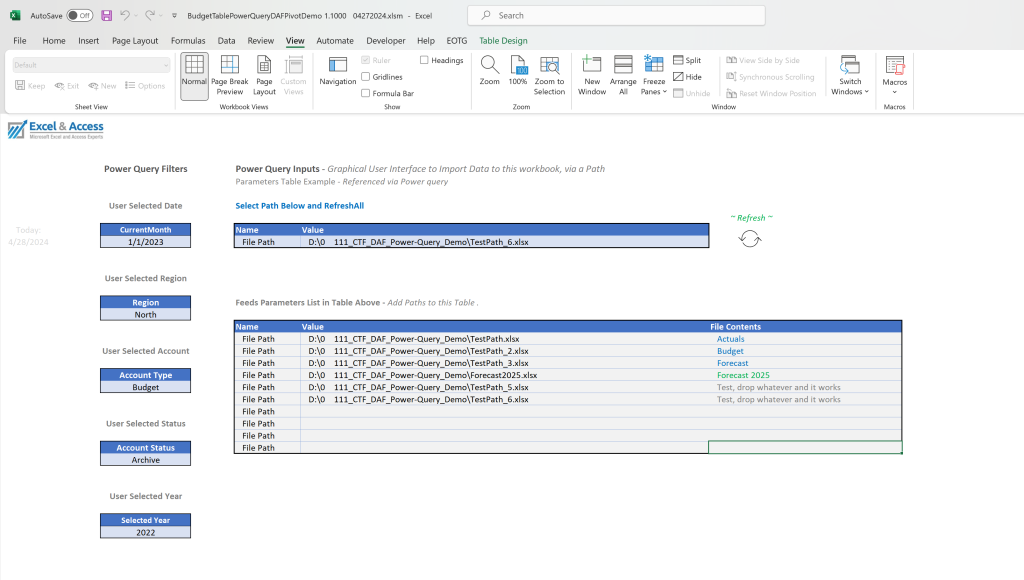 Image of Excel Tables being used as Data Entry Inputs, for Power Query.