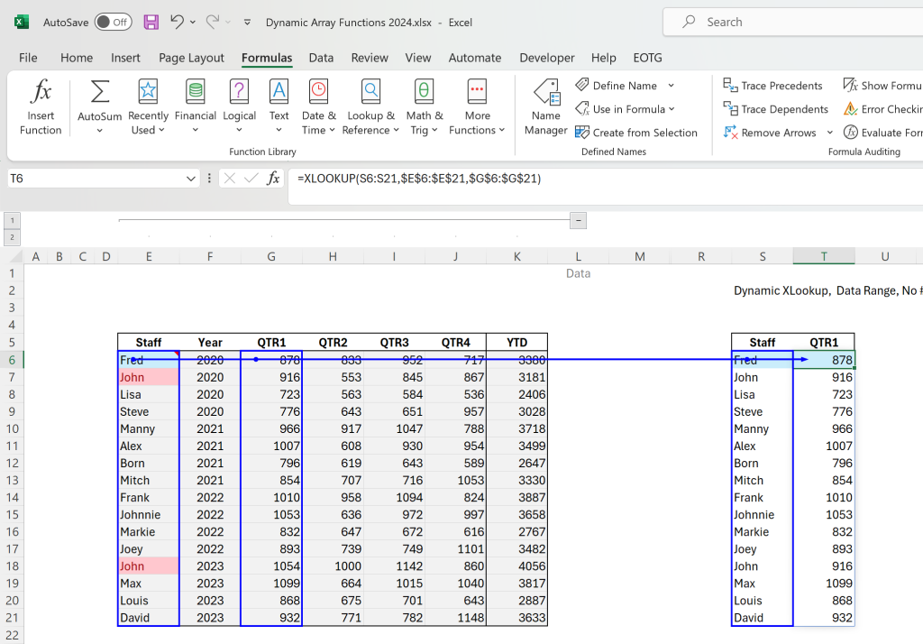 How to Program Excel Dynamic Array Functions Blog Post: Second image of XLookup for example.
