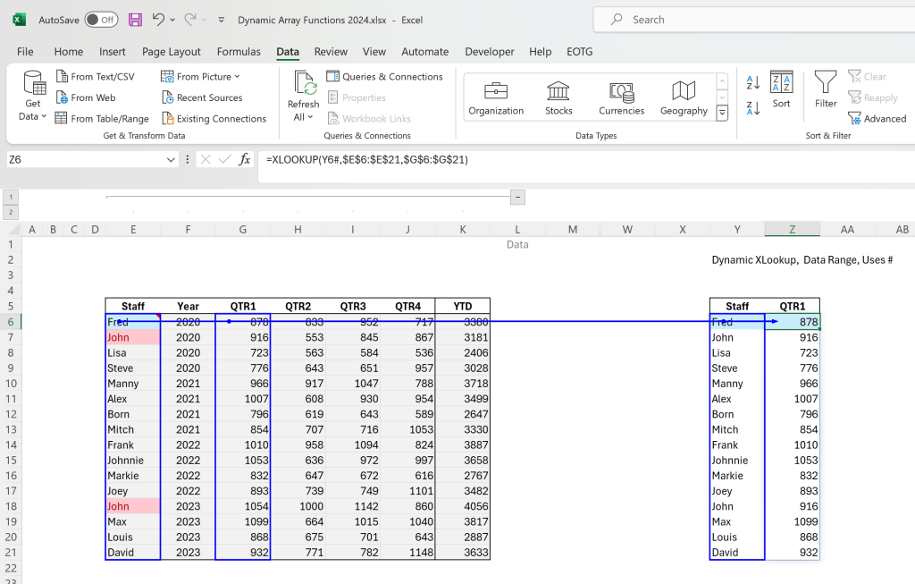 How to Program Excel Dynamic Array Functions Blog Post: Image of XLookup using # to make it dynamic.