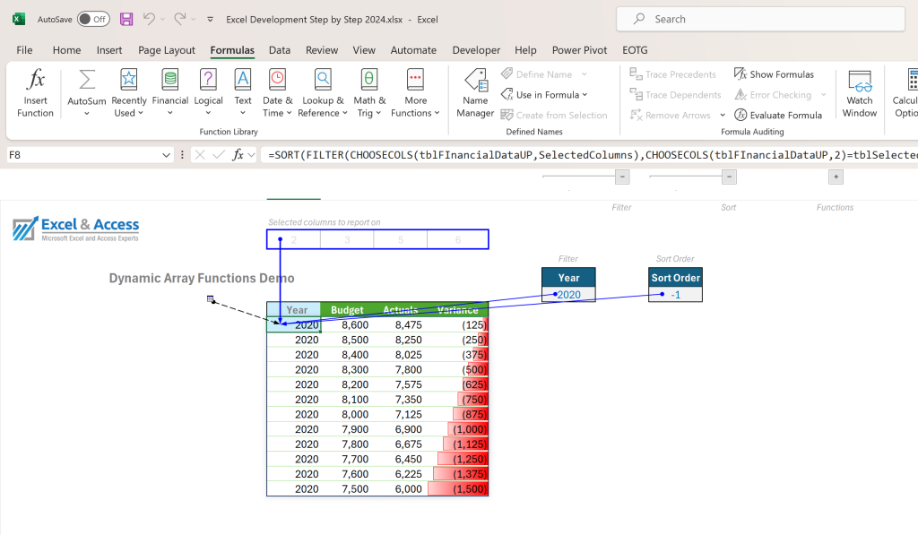 Onsheet versus Offsheet Excel Programming Post: Image of Dynamic Array Functions being used in Excel 365.