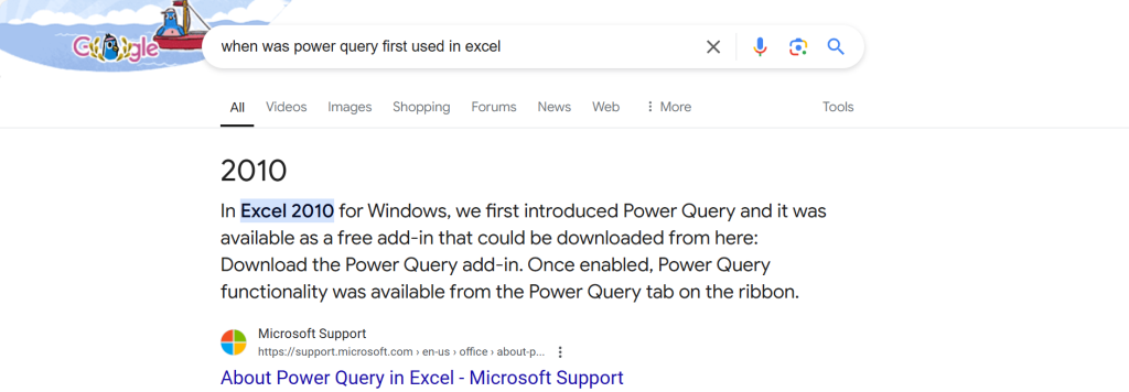 Onsheet versus Offsheet Excel Programming Post: Image of Google search, when was Power Query released.
