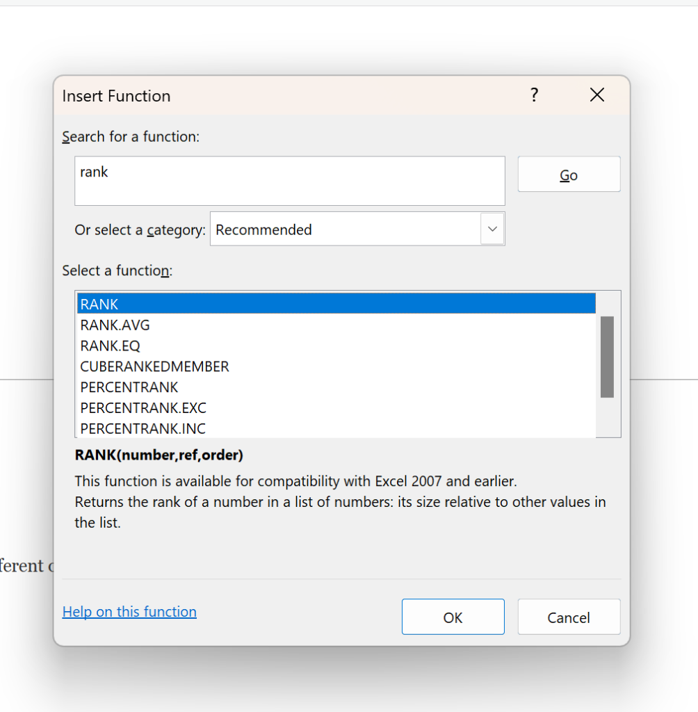 Onsheet versus Offsheet Excel Programming Post: Image of Insert Function Dialog Box in Excel, Showing Rank Functions.