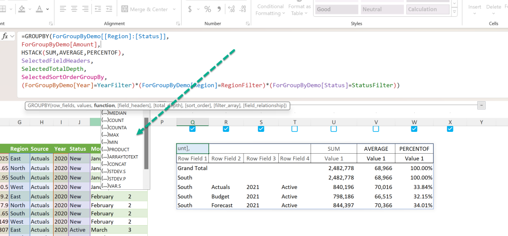 Excel GroupBy Function for Interactive Reporting Post: Image of functions available in GroupBy Function, in a list format.