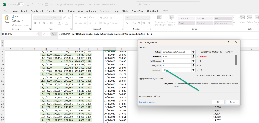 Dynamic Sorting Excel 365 Blog Post: Image of the new Excel GROUPBY Function. It has SORT built in.
