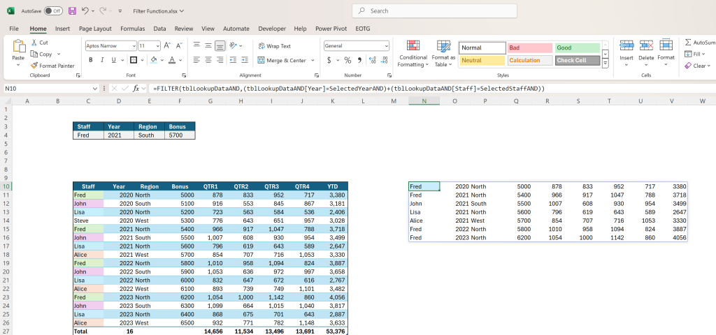 The Microsoft Excel FILTER Function Blog Post: Image of Excel Table using FILTER Function.