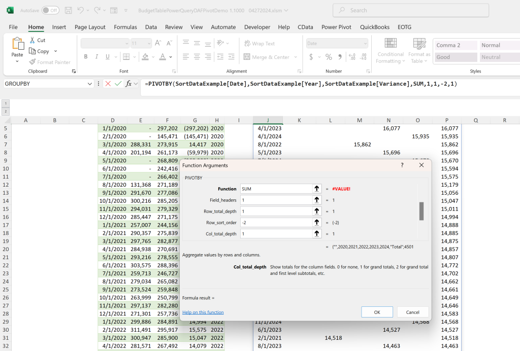 Dynamic Sorting Excel 365 Blog Post: Image of the new Excel 365 PIVOTBY Function. This too has the SORT built in.