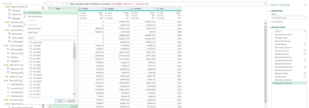 Dynamic Sorting Excel 365 Blog Post: Image of Power Query Editor, using SORT.