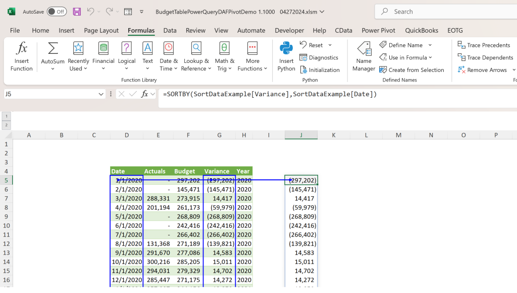 Dynamic Sorting Excel 365 Blog Post: Image of the new Excel 365 SORTBY Function being used.