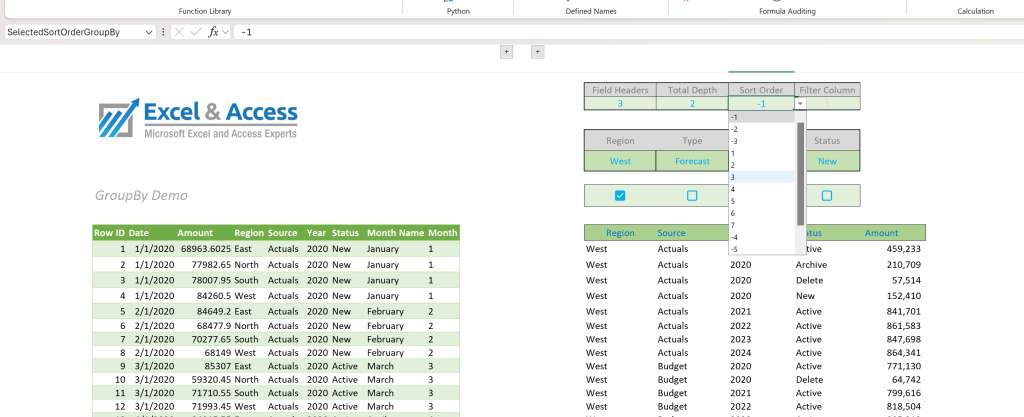 Excel GroupBy Function for Interactive Reporting Post: Image of Sort Order options in a dropdown