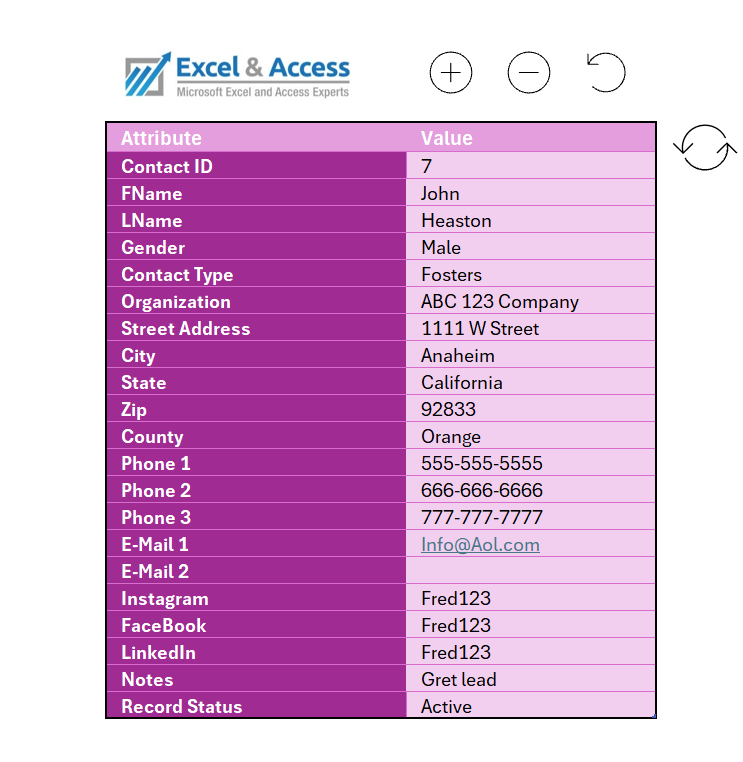 Image of Excel Table being used as a Contact Data Entry Form.