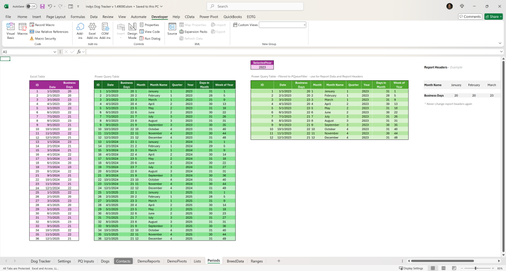 Image of Excel Table and Power Query Tables.