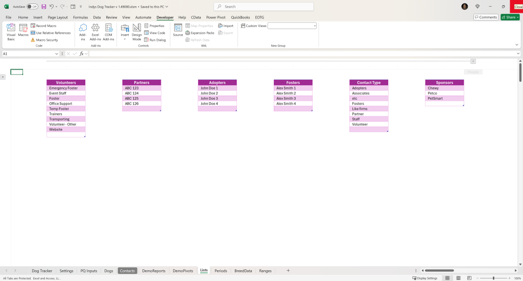 Dynamic Excel Tracker Templates for Business Blog Post: Image of Excel Tables used as lists.